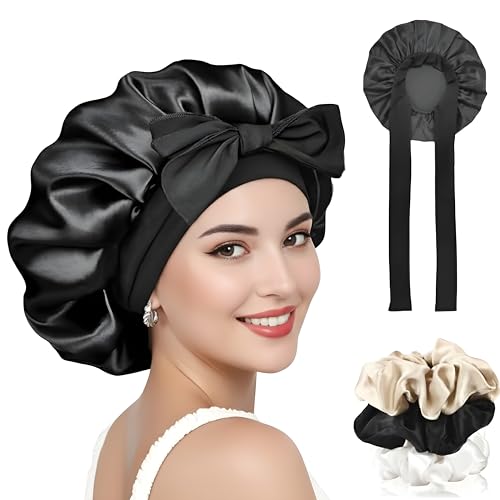 Candibella Silk Bonnet for Hair with 3 Scrunchies, Adjustable Hair Cap for Sleeping, Satin Bonnet for Curly Hair with Wide Elastic Tie Band (IN, Alpha, Free Size, Black, Silk Bonnets) - Image 1