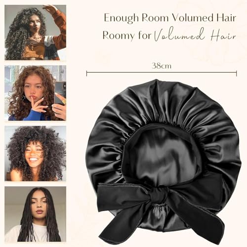 Candibella Silk Bonnet for Hair with 3 Scrunchies, Adjustable Hair Cap for Sleeping, Satin Bonnet for Curly Hair with Wide Elastic Tie Band (IN, Alpha, Free Size, Black, Silk Bonnets) - Image 5