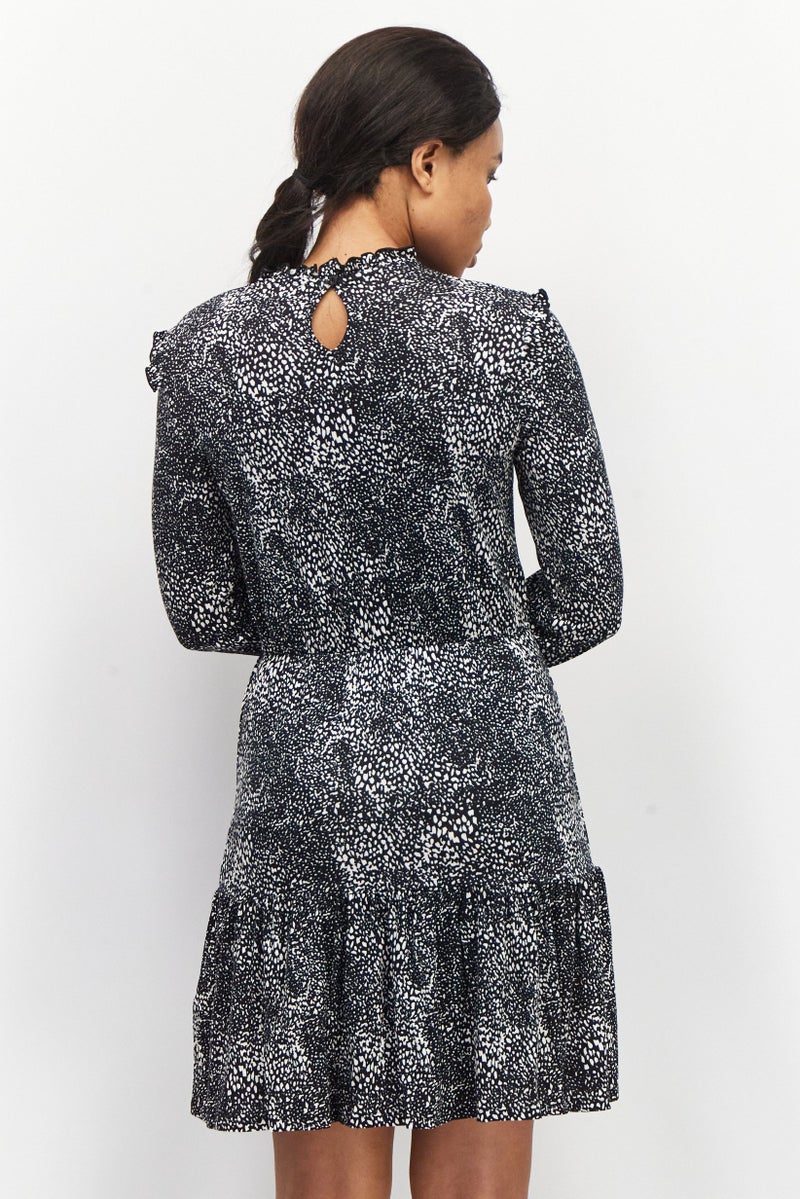 EDC Women Allover Print Long Sleeve Mini Dress, Black - Image 3