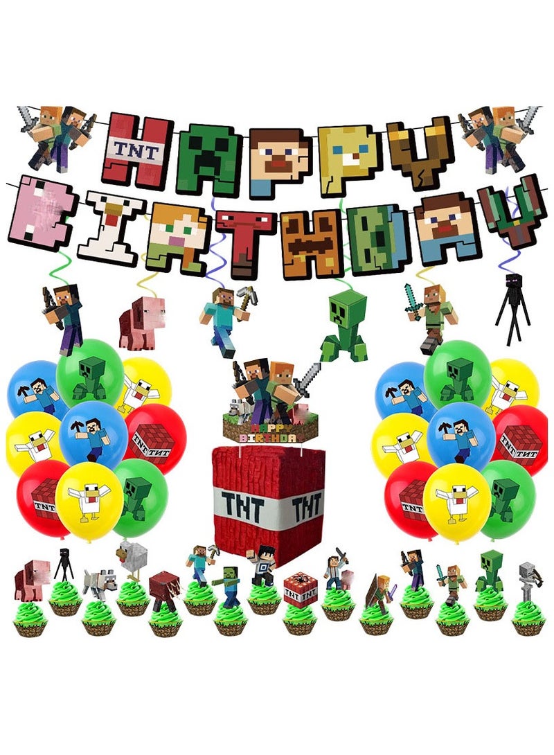 Sharpdo Minecraft Balloon Garland Set with Happy Birthday Banner,Cake Topper,Perfect for Graduation Baby Shower Birthday Bachelorette Party Backdrop Decoration,Suitable for Indoor and Outdoor - Image 1