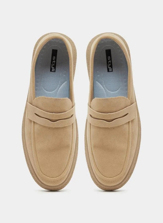 Styli Platform Sole Faux Suede Slip On Loafers