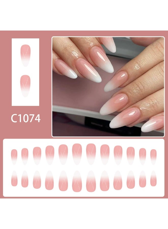 Goolsky Medium Drop-shaped Press-on Nails with Pink Gradient French for Pure Charm - Image 1