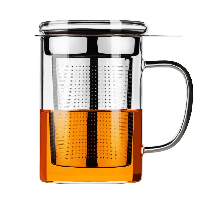 PARACITY Tea Cup Borosilicate Clear Glass Mug with Removable Stainless Steel Infuser and Lid 15oz450ml Stove Safe Loose Tea Cup Gift for Family and Friends