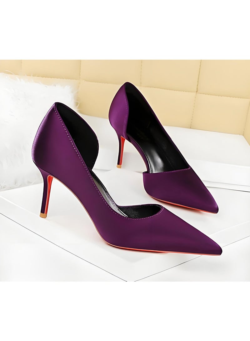 بيج تري المرأة مغلقة أشارت إصبع القدم الساتين الكعب العالي مضخات الأرجواني 7.5CM - Image 2