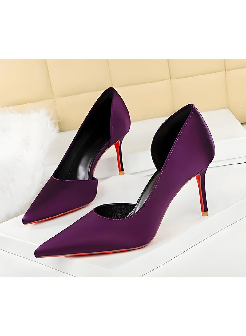 بيج تري المرأة مغلقة أشارت إصبع القدم الساتين الكعب العالي مضخات الأرجواني 7.5CM - Image 1