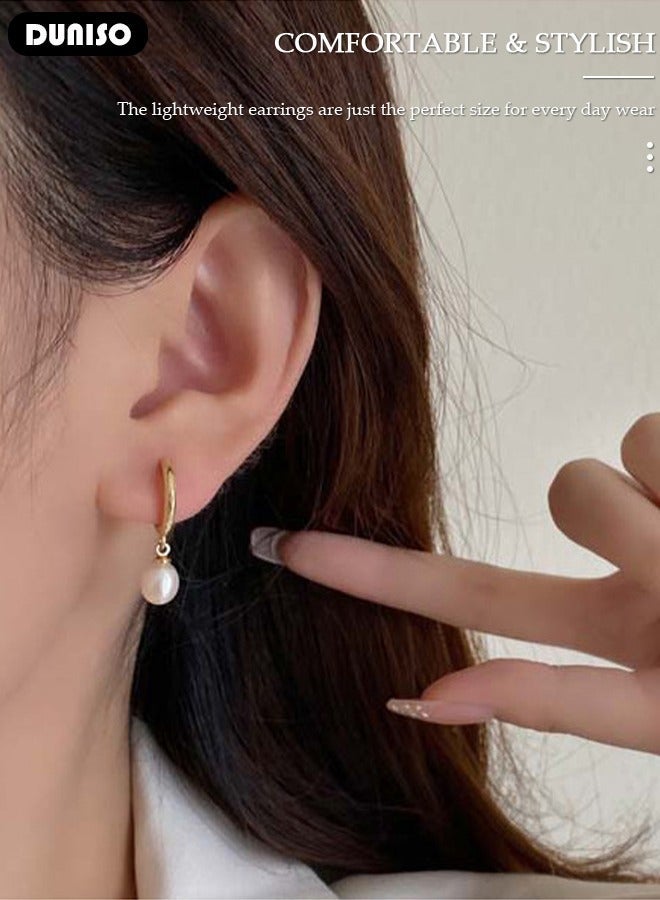 DUNISO Gold Pearl Drop Earrings for Women Freshwater Cultured Pearl Dangle Small Huggies Hoop Earrings, Dainty Fashion Bohemian Earrings for Ladies Birthday Gift - Image 3