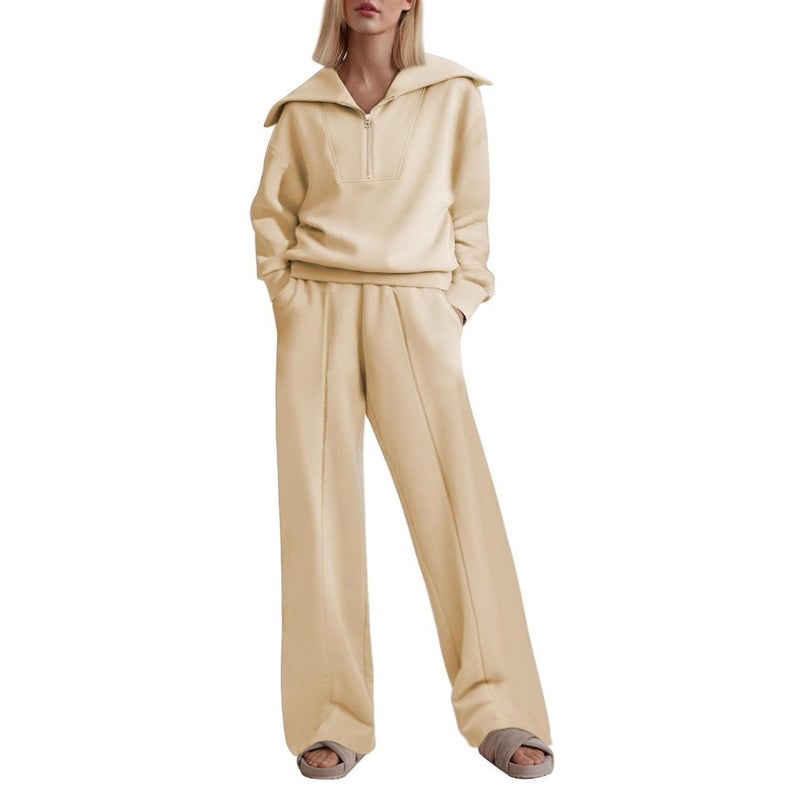 in stock Europe and the United States cross-border new suit women''s half-zipper long-sleeved top elastic waist wide-leg pants two-piece set - Image 1