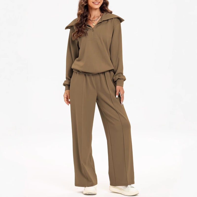 in stock Europe and the United States cross-border new suit women''s half-zipper long-sleeved top elastic waist wide-leg pants two-piece set - Image 5