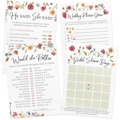 Printed Party Bridal Shower Game Set – 4 Fun Games and Activities for 30 Guests, Includes Bingo, He Said She Said, Bride & Groom Trivia, and Wedding Phrase Guessing Game, Love In Bloom Wildflower Design - Image 1