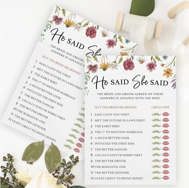 Printed Party Bridal Shower Game Set – 4 Fun Games and Activities for 30 Guests, Includes Bingo, He Said She Said, Bride & Groom Trivia, and Wedding Phrase Guessing Game, Love In Bloom Wildflower Design - Image 2