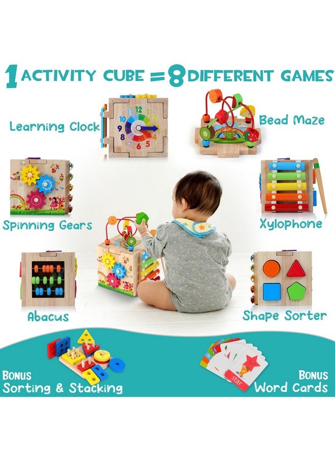 HELLOWOOD Wooden Activity Cube, 8-in-1 Montessori Toys for 1+ Year Old Boys & Girls, Educational Learning Toys for Toddlers Age 1-2, 1st Birthday Gift | Bonus Sorting & Stacking Board - Image 2