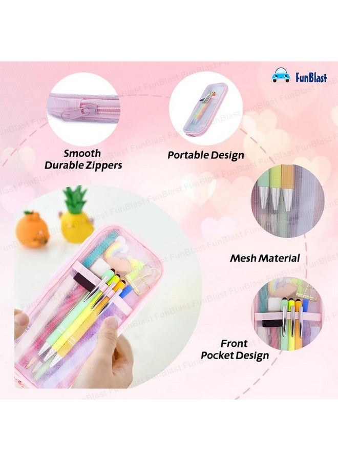 فنبلاست حافظة أقلام FunBlast، حقيبة أقلام شفافة مزودة بسحاب للإغلاق، حقيبة مكياج شفافة محمولة، حقيبة أقلام كبيرة السعة، حقيبة قرطاسية للطلاب والفتيات والمكاتب والبالغين (وردي) - Image 3