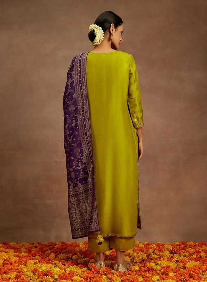 Libas Silk Lace Detail Kurta and Solid Trousers with Dupatta Set by Styli