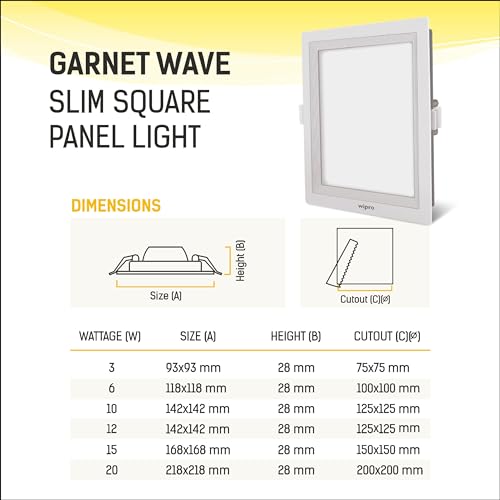 wipro Garnet 10W Square Led Wave Panel Light for Ceiling|Cool White Light(6000K)|Ultra-Slim Design|Recessed Down Light for False Ceiling|Pop Ceiling Light|Cutout - 125X125Mm|Pack of 1, - Image 5