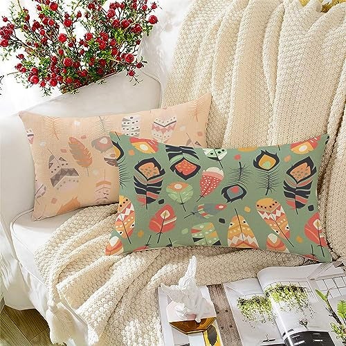 BRICK HOME Set of 2 Polycotton Printed Cushion Covers 12x18 Inches | Feather & Typography Design | Pastel Peach, Green & Multicolor | Soft Decorative Pillow Covers for Sofa, Couch & Living Room - Image 1