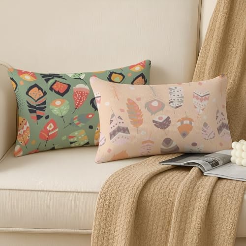 BRICK HOME Set of 2 Polycotton Printed Cushion Covers 12x18 Inches | Feather & Typography Design | Pastel Peach, Green & Multicolor | Soft Decorative Pillow Covers for Sofa, Couch & Living Room - Image 2