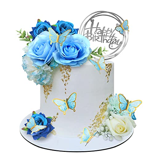 BANBALLON 19 PCS Flower Cake Toppers Butterfly Happy Birthday Cake Decorations with Artificial Blue Rose Flowers Eucalyptus Butterflies for Party Wedding Baby Shower Supplies Blue - Image 1