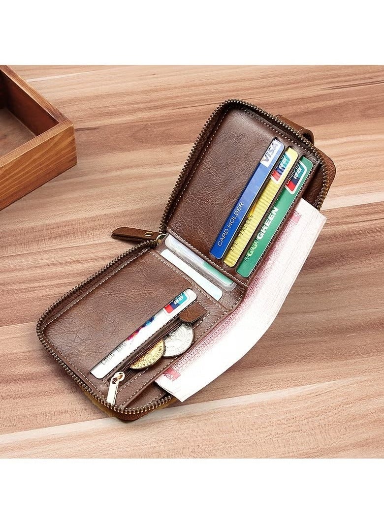 Generic Men's Short Wallet European and American Fashion Retro Multifunctional Wallet Zipper Buckle Card Holder Brown  - Image 4