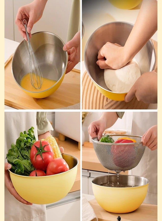EHERDM Stainless Steel Mixing Bowls and Colander Set Mixing Bowls with Scale Salad Bowl with Colander Fine Mesh Strainer Basket Baking Bowl Set Cooking Scale Bowl for Kitchen Decoration Yellow - Image 2