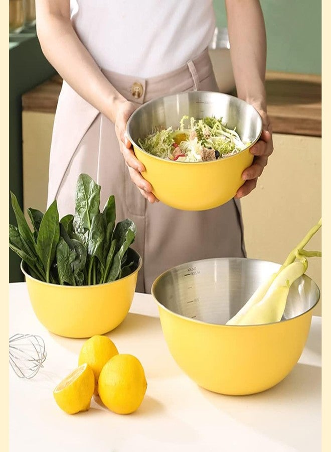 EHERDM Stainless Steel Mixing Bowls and Colander Set Mixing Bowls with Scale Salad Bowl with Colander Fine Mesh Strainer Basket Baking Bowl Set Cooking Scale Bowl for Kitchen Decoration Yellow - Image 3
