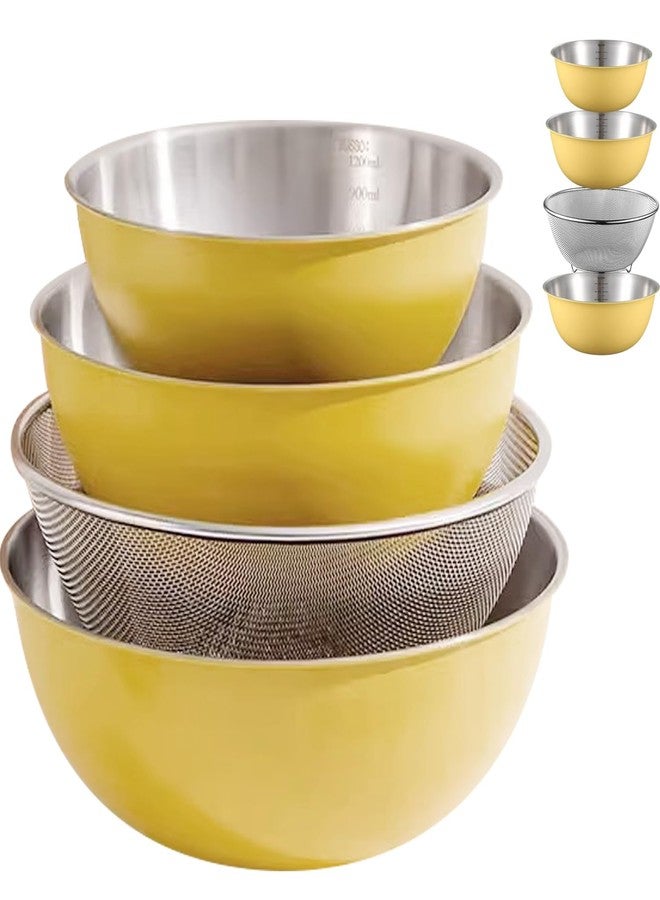 EHERDM Stainless Steel Mixing Bowls and Colander Set Mixing Bowls with Scale Salad Bowl with Colander Fine Mesh Strainer Basket Baking Bowl Set Cooking Scale Bowl for Kitchen Decoration Yellow - Image 1