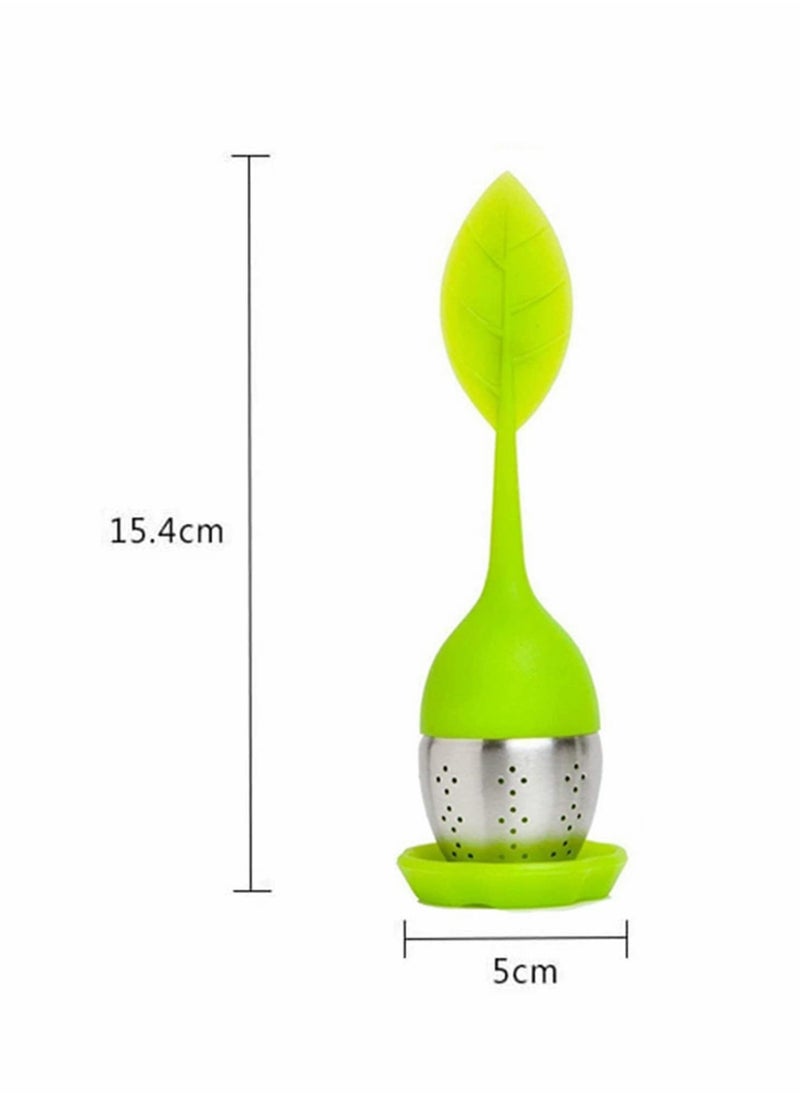 Generic - Tea Leaf Infuser,Long Leaf Shape Handle-Stainless Steel Strainer Tea Drip Tray Included Loose Tea Infuser Silicone Kitchen Long Leaf Shape Handle for Tea Cups, Mugs and Teapots, Green - Image 1