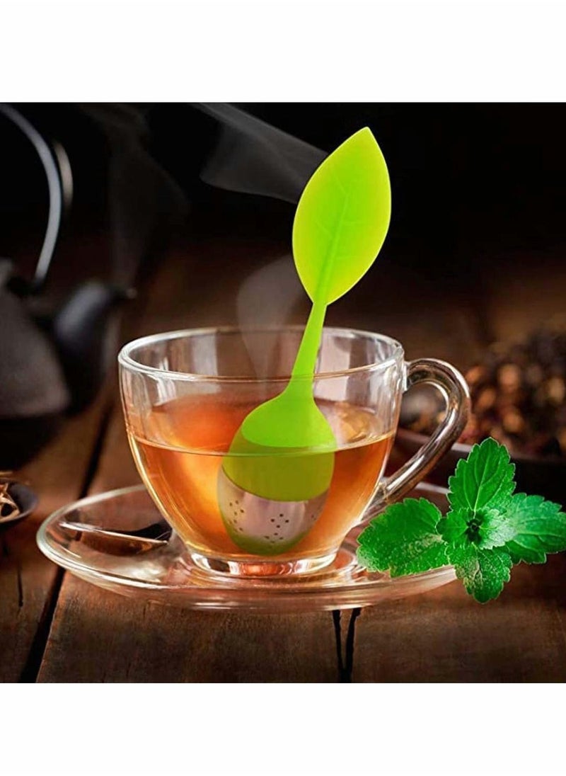 Generic - Tea Leaf Infuser,Long Leaf Shape Handle-Stainless Steel Strainer Tea Drip Tray Included Loose Tea Infuser Silicone Kitchen Long Leaf Shape Handle for Tea Cups, Mugs and Teapots, Green - Image 1