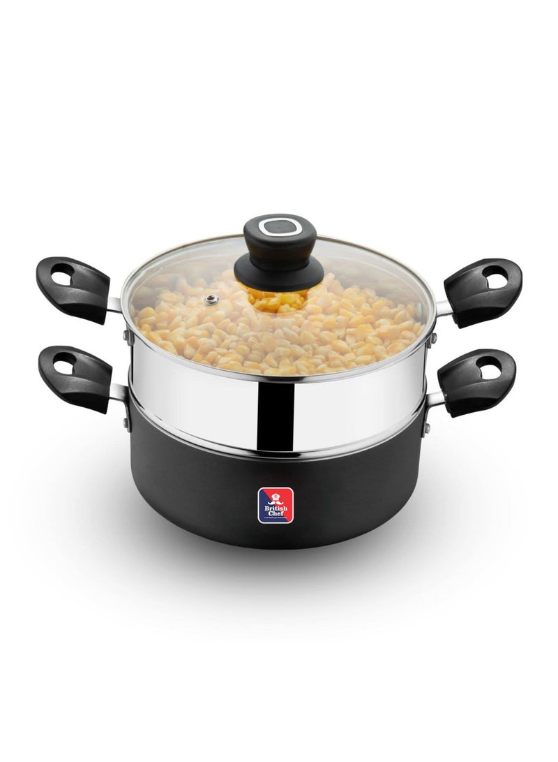 British Chef 2 in 1 Cooking Pot With Glass Lid, 20cm Multi-Purpose Steamer & Cookware | Non-Stick Base | Stainless Steel Steamer Insert | Heat-Resistant Handles | Induction & Gas Stove Compatible - Image 3