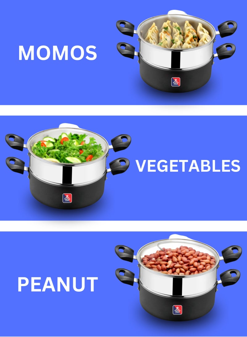 British Chef 2 in 1 Cooking Pot With Glass Lid, 20cm Multi-Purpose Steamer & Cookware | Non-Stick Base | Stainless Steel Steamer Insert | Heat-Resistant Handles | Induction & Gas Stove Compatible - Image 2
