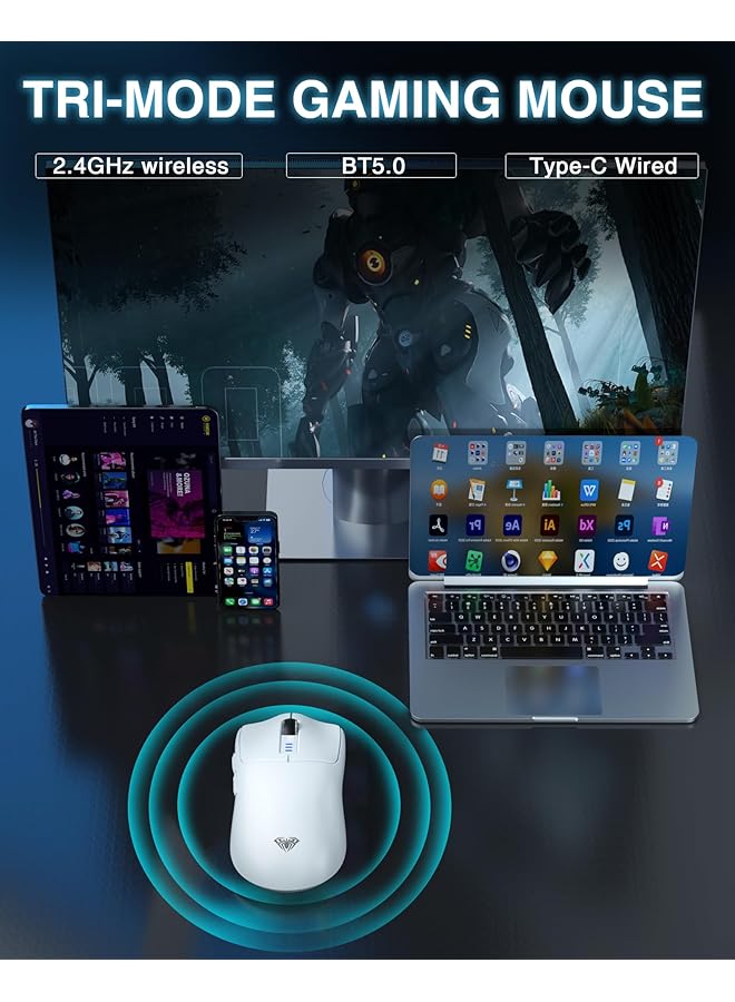 AULA Sc580 Wireless Gaming Mouse 2.4 Ghz/Usb C/Bt Wireless Gaming Mouse 12000 Dpi 6 Programmable Buttons Wireless Mouse For Pc/Mac Gamers (White) - Image 3
