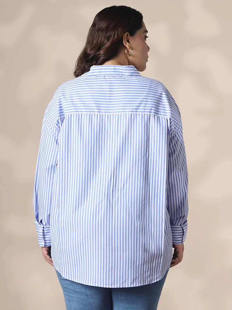 globus  Globus Gloplus Women Blue Collared Neck Cuffed Sleeves Striped Curved Hemline Oversize Workwear Plus Size Shirt for Women | Best Price UAE
