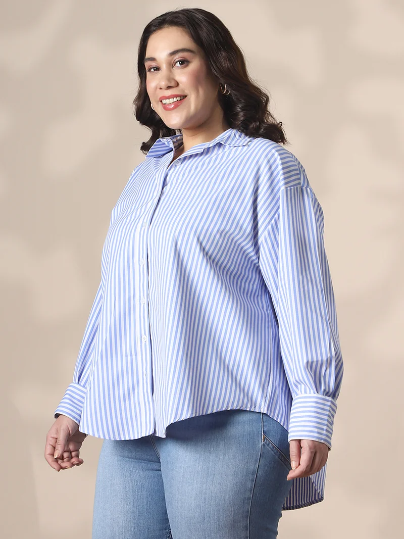 globus  Globus Gloplus Women Blue Collared Neck Cuffed Sleeves Striped Curved Hemline Oversize Workwear Plus Size Shirt for Women | Best Price UAE
