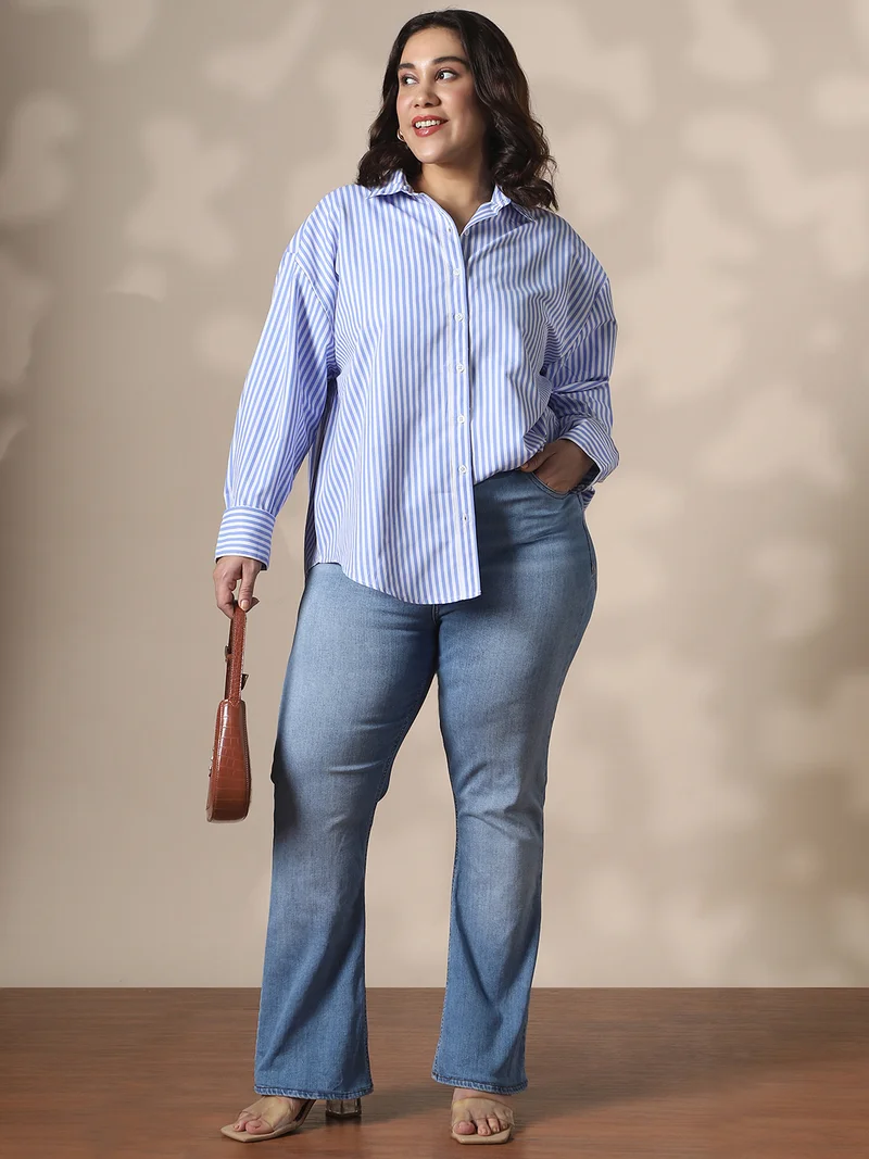 globus  Globus Gloplus Women Blue Collared Neck Cuffed Sleeves Striped Curved Hemline Oversize Workwear Plus Size Shirt for Women | Best Price UAE