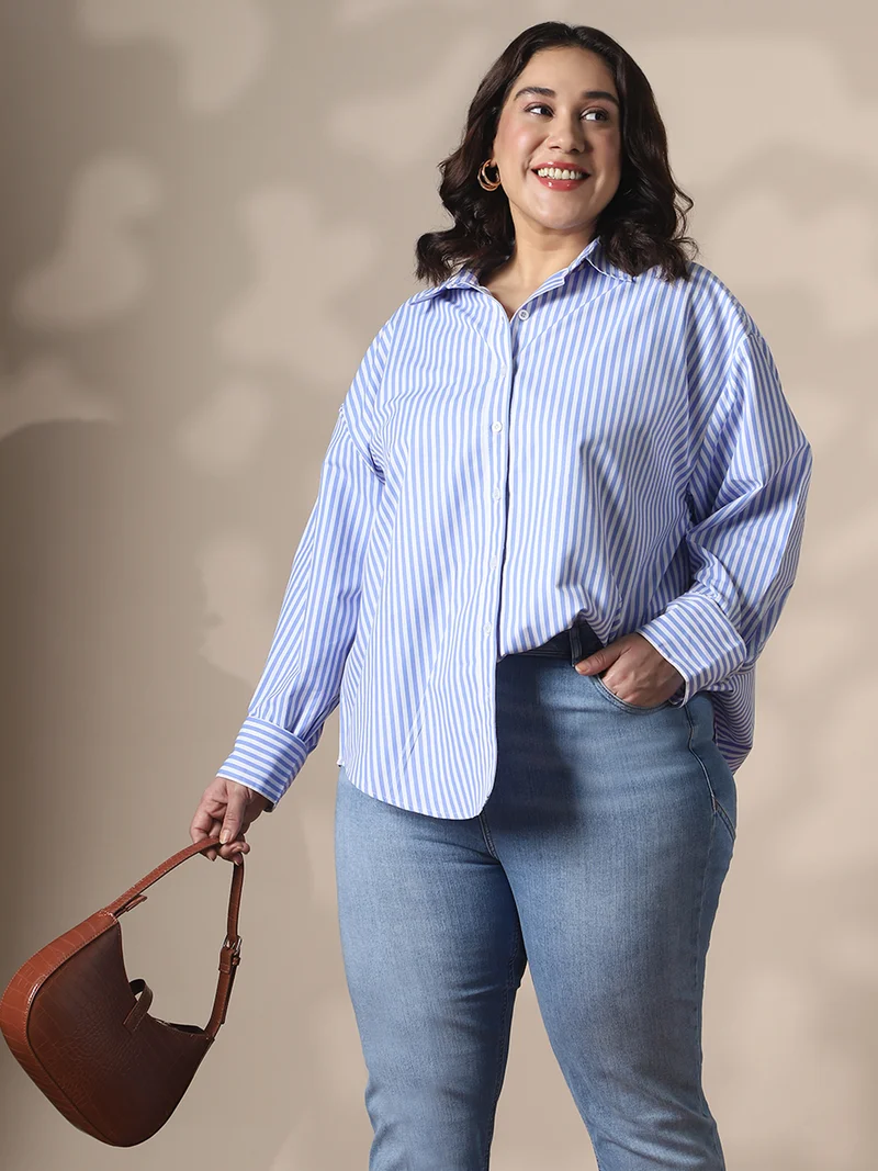 Globus Gloplus Women Blue Collared Neck Cuffed Sleeves Striped Curved Hemline Oversize Workwear Plus Size Shirt