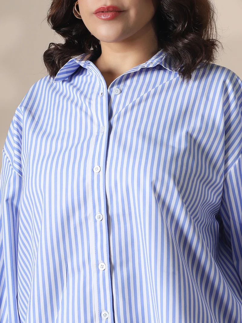 globus  Globus Gloplus Women Blue Collared Neck Cuffed Sleeves Striped Curved Hemline Oversize Workwear Plus Size Shirt for Women | Best Price UAE