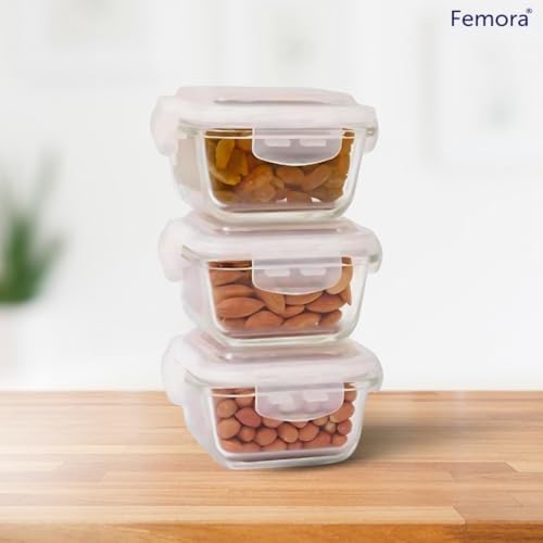 Femora Borosilicate Glass Containers for Kitchen | 1 Year Warranty | Container Boxes for Storage, Storage Box for Kitchen with Air Vent Lid, Microwave Safe Utensils, Square (Set of 3-180ml Each) - Image 2