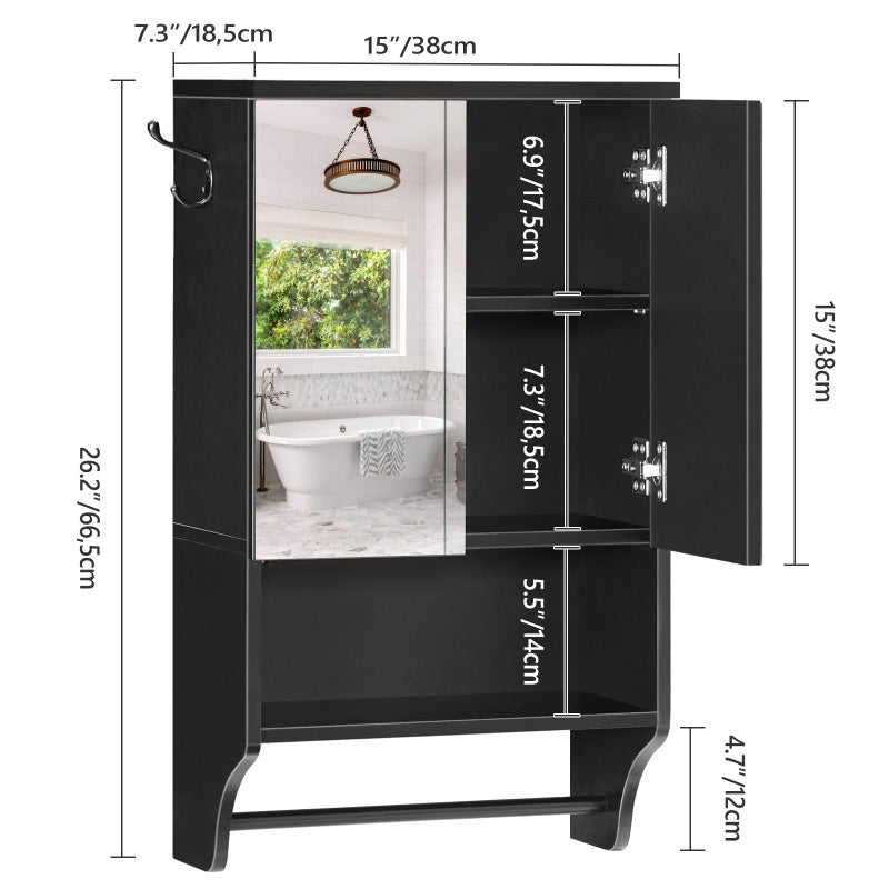 MAHANCRIS Bathroom Wall Cabinet with Mirror, Medicine Cabinet with 2 Door and Adjustable Shelf, Wall Mounted Over The Toilet Storage Cabinet with Towel Bar for Bathroom Laundry Room Kitchen, Black - Image 4