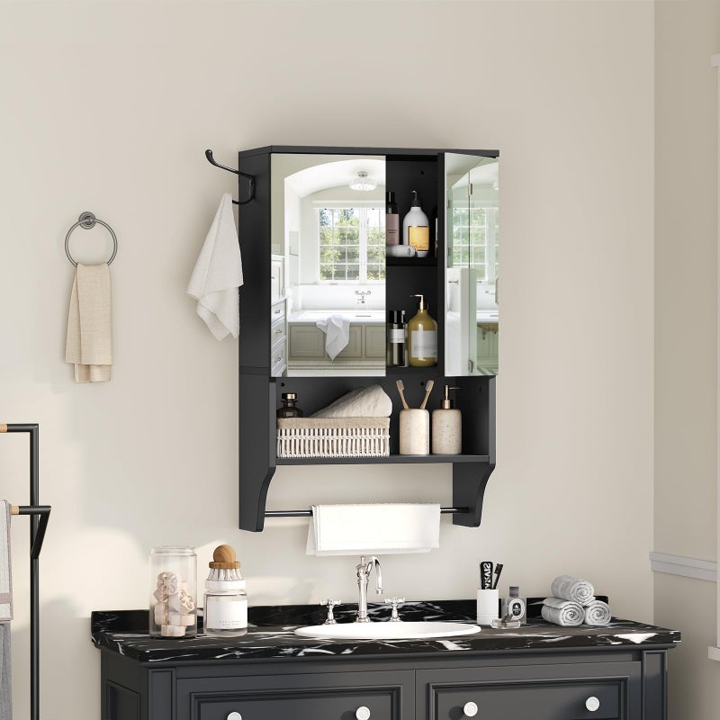MAHANCRIS Bathroom Wall Cabinet with Mirror, Medicine Cabinet with 2 Door and Adjustable Shelf, Wall Mounted Over The Toilet Storage Cabinet with Towel Bar for Bathroom Laundry Room Kitchen, Black - Image 2