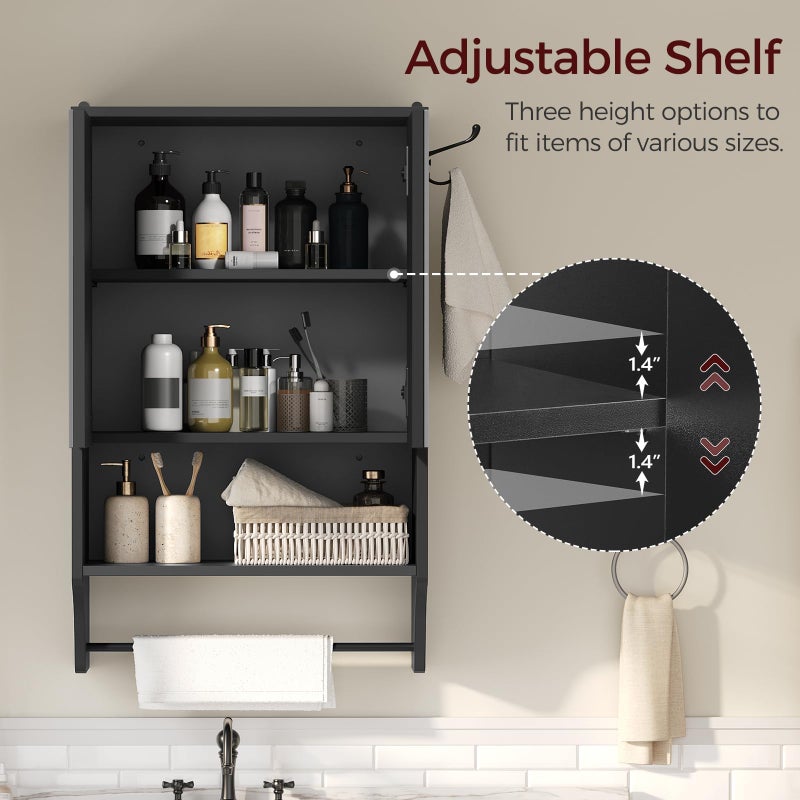 MAHANCRIS Bathroom Wall Cabinet with Mirror, Medicine Cabinet with 2 Door and Adjustable Shelf, Wall Mounted Over The Toilet Storage Cabinet with Towel Bar for Bathroom Laundry Room Kitchen, Black - Image 3