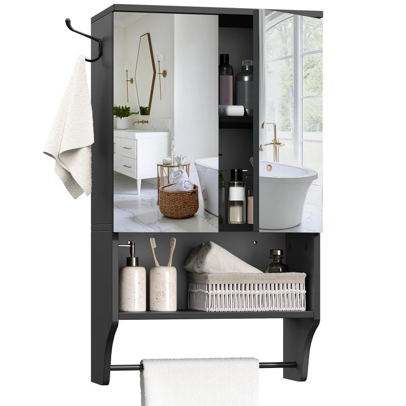 MAHANCRIS Bathroom Wall Cabinet with Mirror, Medicine Cabinet with 2 Door and Adjustable Shelf, Wall Mounted Over The Toilet Storage Cabinet with Towel Bar for Bathroom Laundry Room Kitchen, Black - Image 1