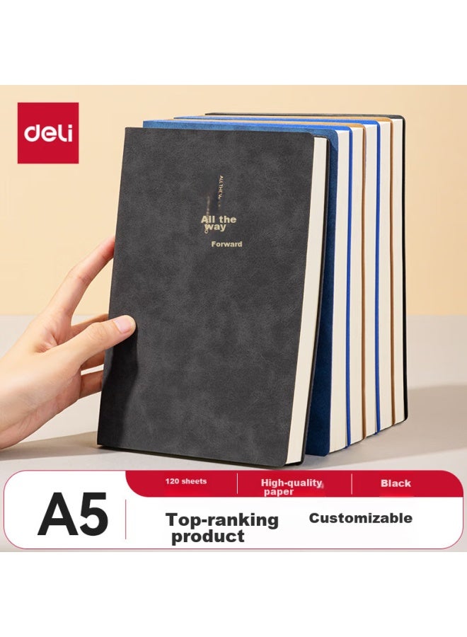 ديلي Deli A5 دفتر من جلد الحمل، غلاف جلدي، دفتر مكتب أعمال، سلسلة الكتابة الأنيقة (One Way Forward)، 120 ورقة، Bp103 أسود - Image 1