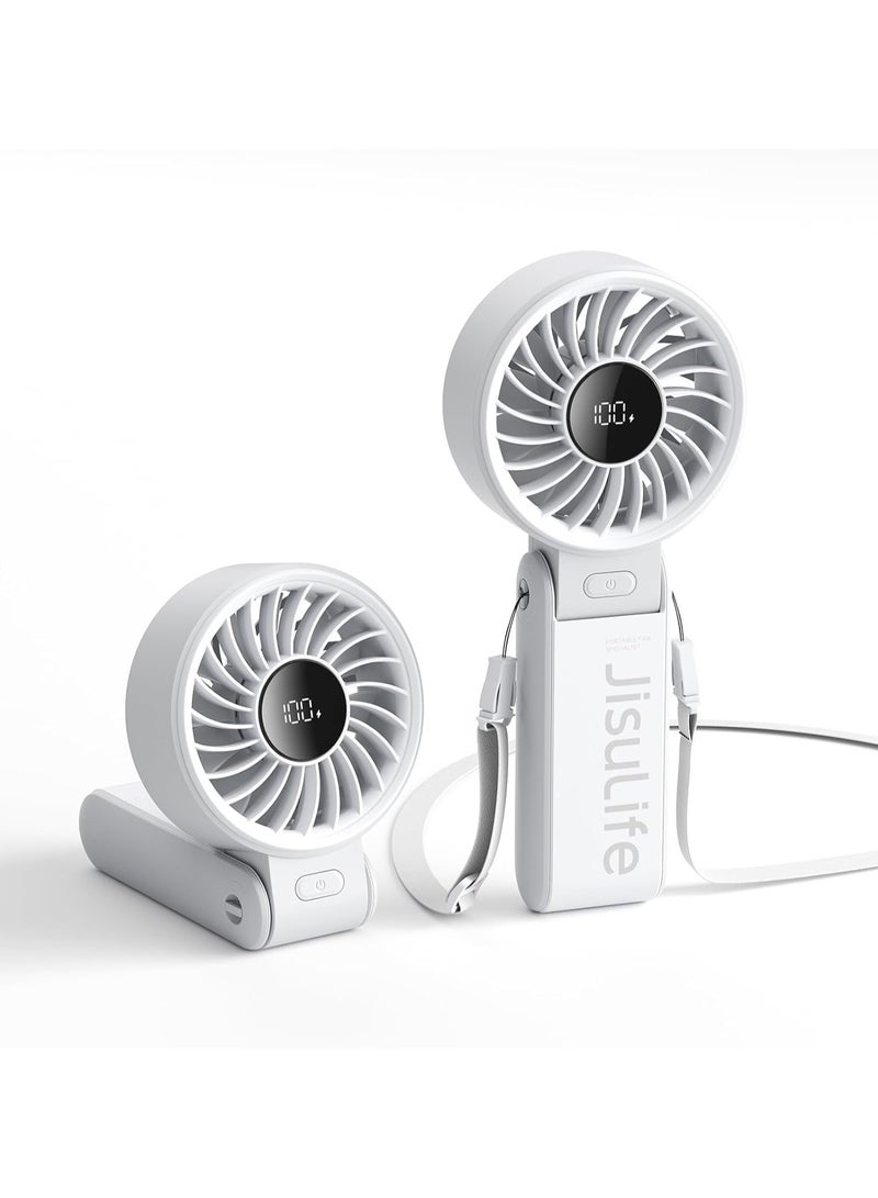 JISULIFE Handheld Fan Life7,2024 Powerful Portable Fan with LED Display,[19.5Hrs Max Cooling]5000mAh,150°Folded,5 Speeds,Lanyard; 3-IN-1 Hand/Desk/Neck Fan, Summer Essentials Fan for Travel,Lash(Grey) - Image 1