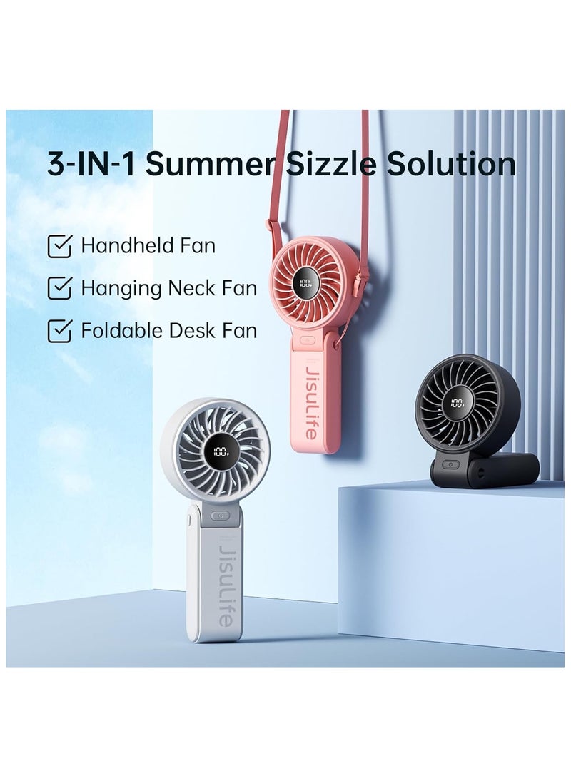 JISULIFE Handheld Fan Life7,2024 Powerful Portable Fan with LED Display,[19.5Hrs Max Cooling]5000mAh,150°Folded,5 Speeds,Lanyard; 3-IN-1 Hand/Desk/Neck Fan, Summer Essentials Fan for Travel,Lash(Grey) - Image 4