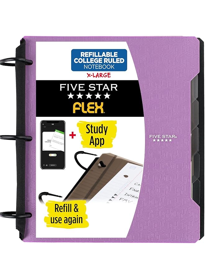 Five Star Flex Refillable Notebook Plus Study App College Ruled Paper 1 1 2 Inch Techlock Rings Pockets Tabs And Dividers 300 Sheet Capacity Purple 29324Ab6 - Image 1
