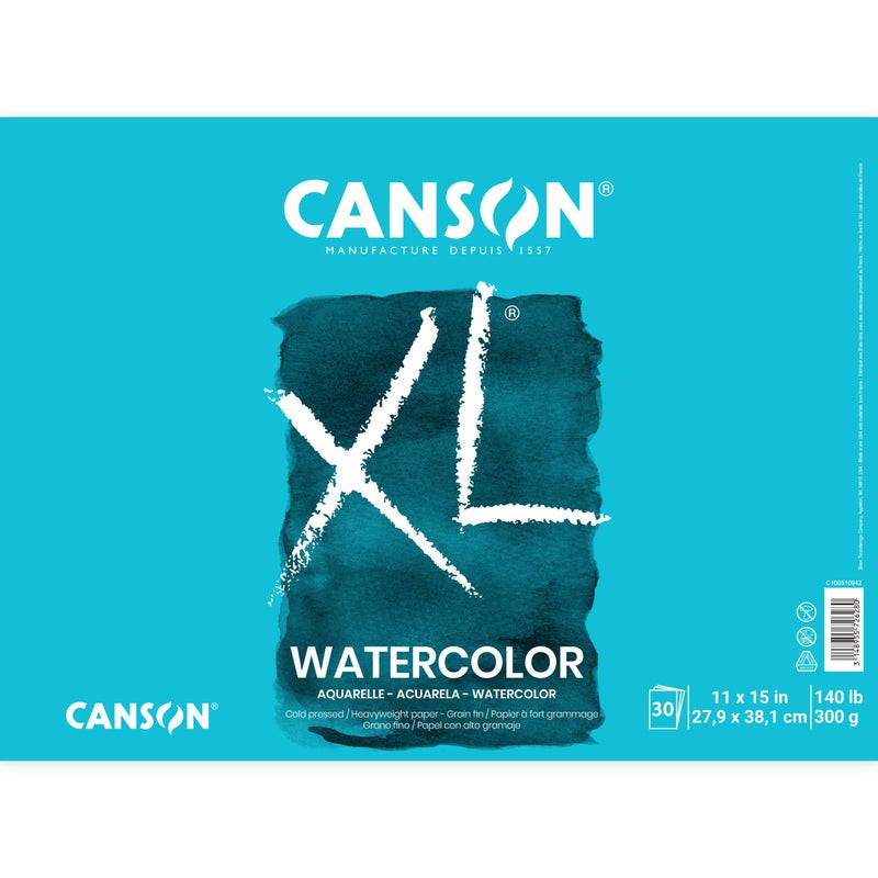 Canson XL Series Watercolor Pad, Heavyweight White Paper, Foldover Binding, 30 Sheets, 11x15 inch - Image 1