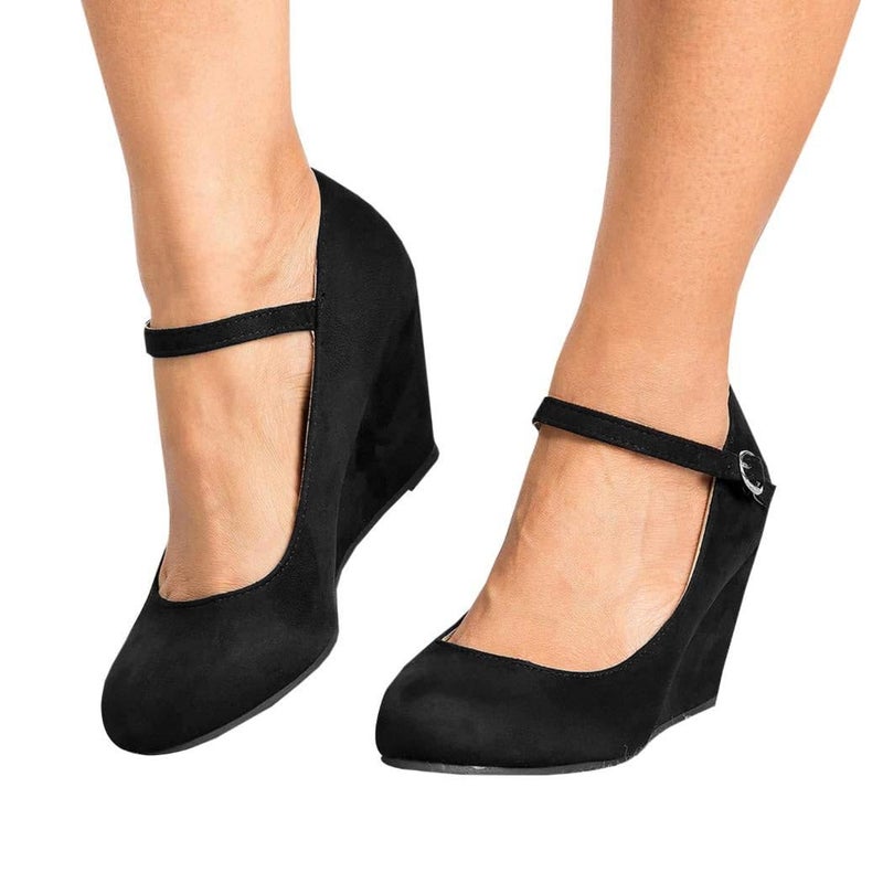 Coutgo Womens Wedge Shoes Closed Toe Mary Jane Pumps Ankle Strap High Heels Comfortable Office Wedding Dress Shoes, Black, Size 8.5 - Image 2