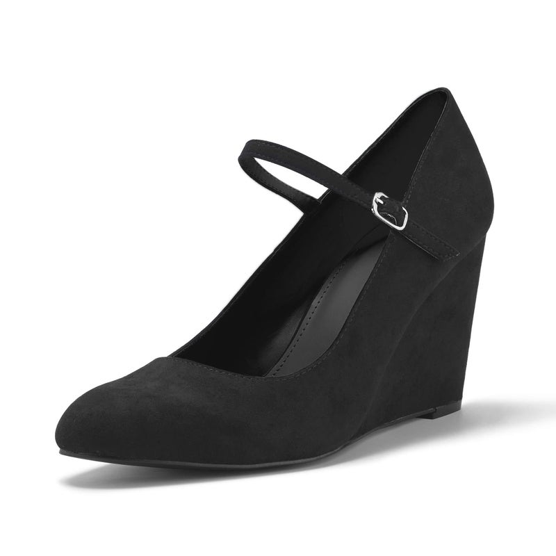Coutgo Womens Wedge Shoes Closed Toe Mary Jane Pumps Ankle Strap High Heels Comfortable Office Wedding Dress Shoes, Black, Size 8.5 - Image 1