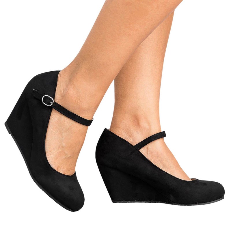 Coutgo Womens Wedge Shoes Closed Toe Mary Jane Pumps Ankle Strap High Heels Comfortable Office Wedding Dress Shoes, Black, Size 8.5 - Image 3