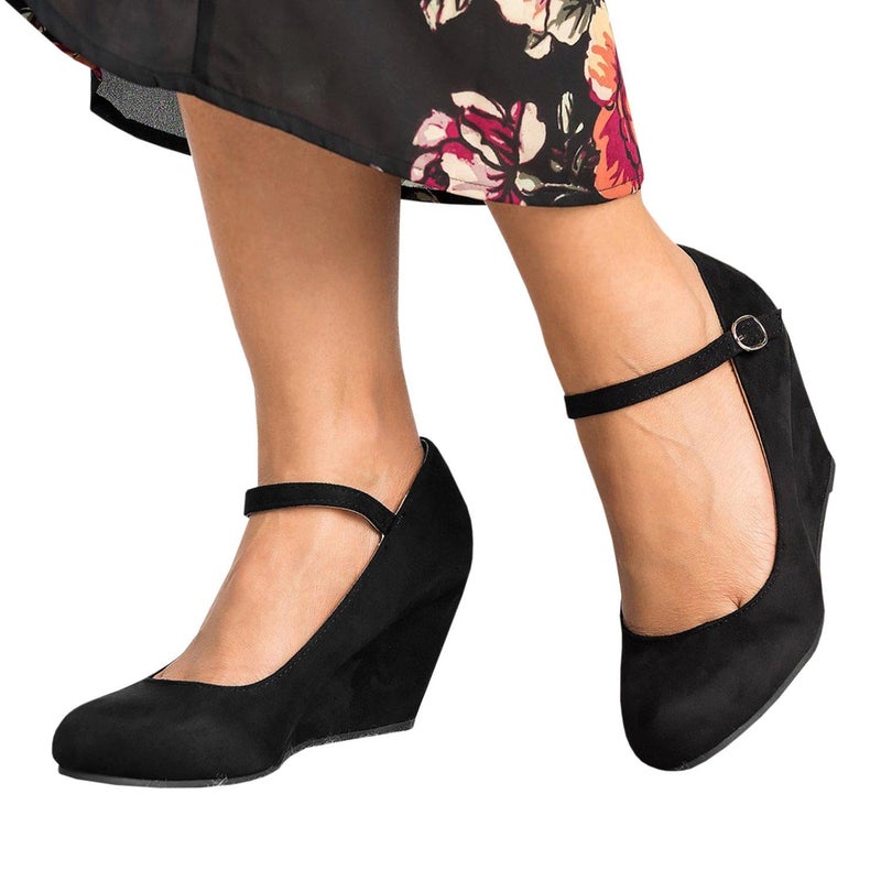 Coutgo Womens Wedge Shoes Closed Toe Mary Jane Pumps Ankle Strap High Heels Comfortable Office Wedding Dress Shoes, Black, Size 8.5 - Image 4
