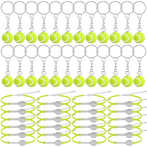 Sureio 48 Pcs Tennis Party Favors Gifts Bulk 24 Charm Bracelets 24 Ball Keychain Key Ring Metal Tennis Balls Easter Party Supplies for Adults Women Sport Lovers Team Accessories - Image 1